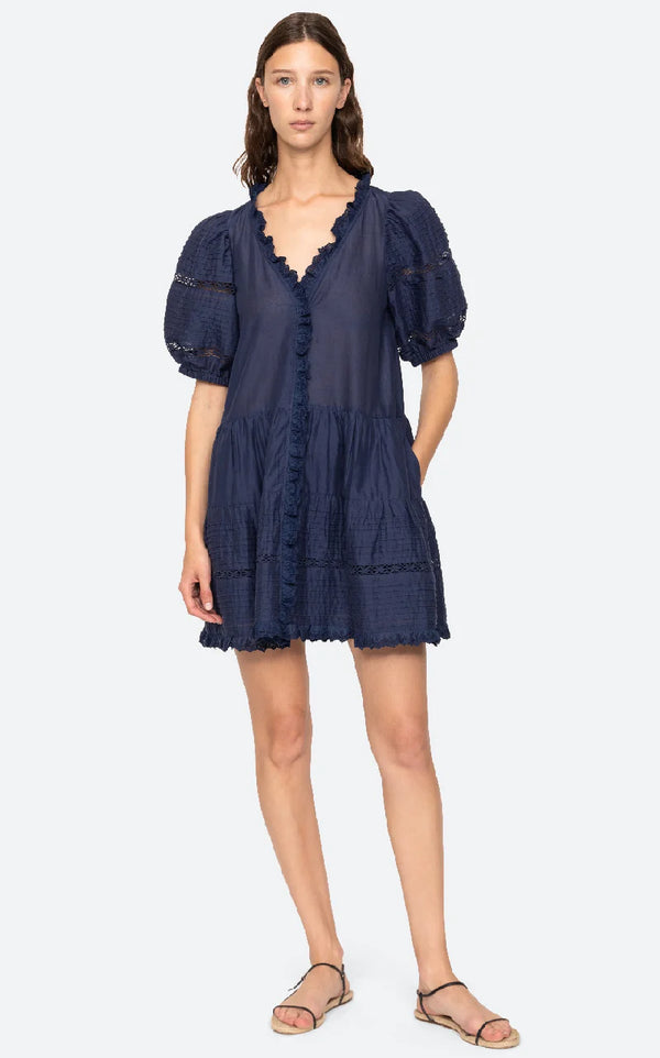 SEA ANTONINA PUFF SLEEVE DRESS IN NAVY