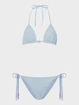 HUNZA G GINA BEADED BIKINI IN METALLIC ICE BLUE