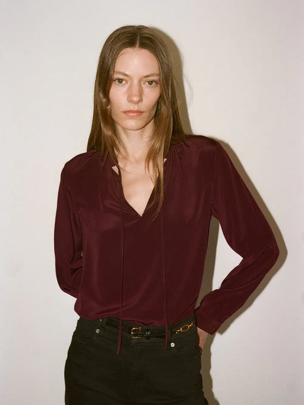 FRAME SHIRRED TIE FRONT BLOUSE IN WINE