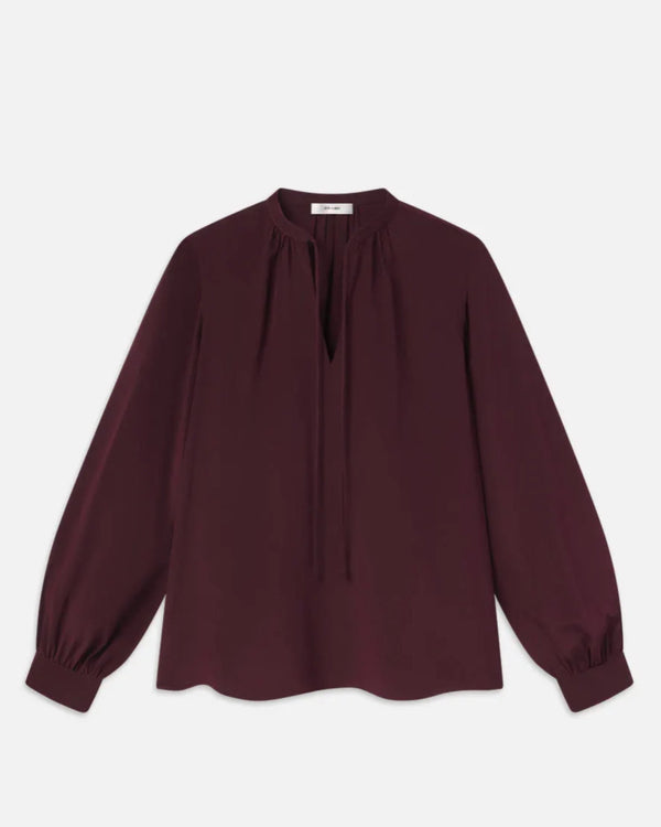 FRAME SHIRRED TIE FRONT BLOUSE IN WINE