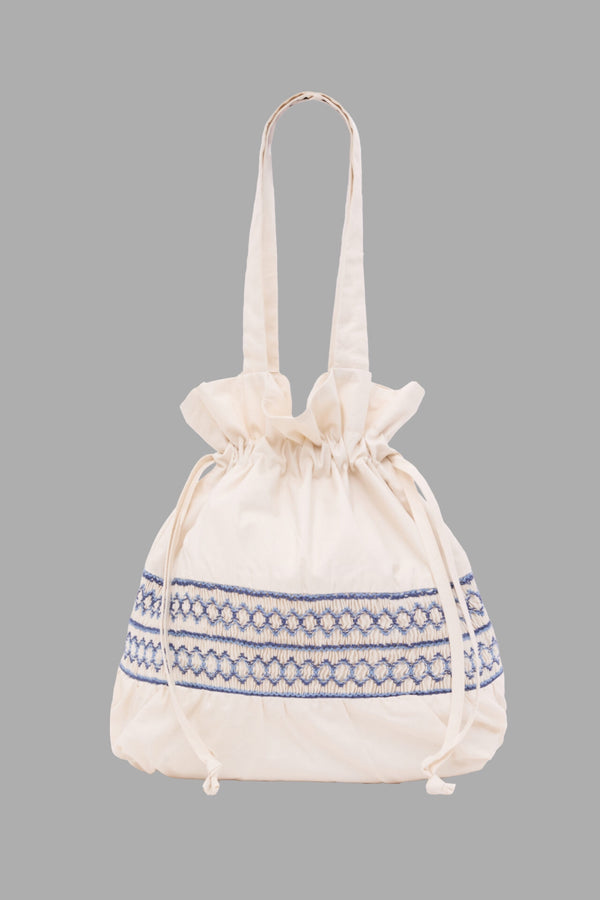 LORETTA CAPONI AMIATA HAND EMBROIDERED TOTE IN CREMA