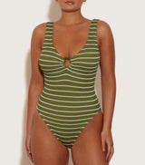 HUNZA G CELINE SWIMSUIT IN METALLIC MOSS STRIPE