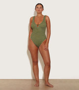 HUNZA G CELINE SWIMSUIT IN METALLIC MOSS STRIPE