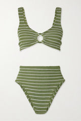 HUNZA G NADINE STRIPED SEERSUCKER BIKINI IN METALLIC MOSS