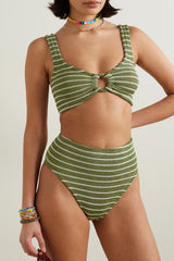 HUNZA G NADINE STRIPED SEERSUCKER BIKINI IN METALLIC MOSS