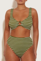 HUNZA G NADINE STRIPED SEERSUCKER BIKINI IN METALLIC MOSS